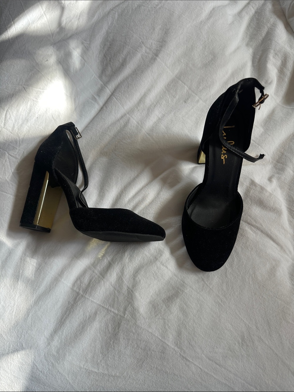 Lulu's Black Ankle-Strap Block Heels with Gold Accent